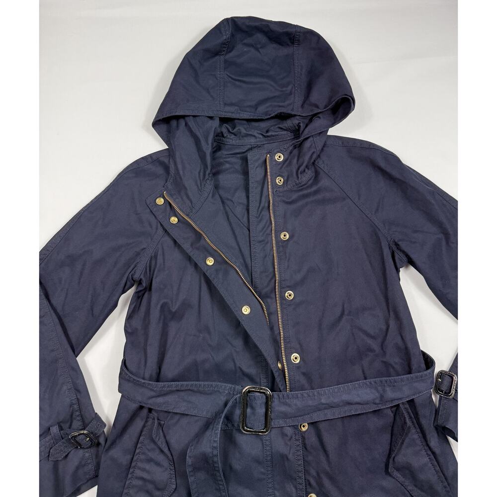 J.Crew Women Hooded Trench Coat Belted Cuffed Zip Navy Blue Cotton Size 2 - Picture 5 of 10